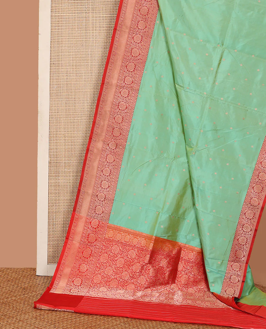 Green zari buttas katan silk saree, contrast traditional border of floral creeper design, and floral jaal pallu - Image 2