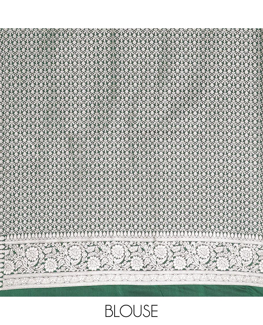 Green zari buttas mushru silk saree, floral creeper design border, and intricately designed pallu - Image 4