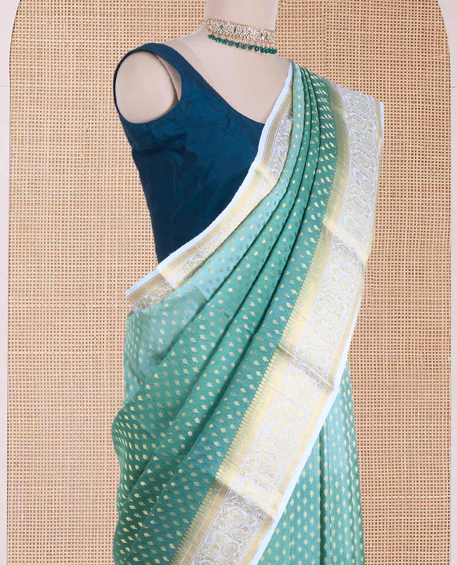 Green zari buttas Mysore silk saree, contrast traditional design border, and scallop design pallu - Image 3