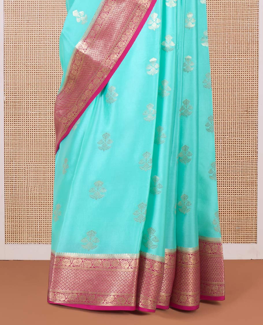 Green zari buttas Mysore silk saree, contrast traditional zari border, and jaal pallu - Image 4