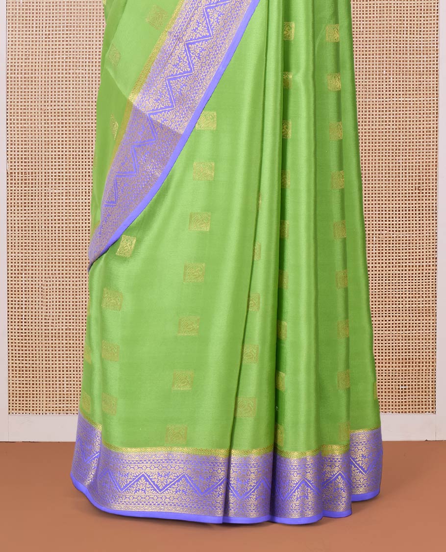 Green zari buttas Mysore silk saree, contrast traditional zari border, and traditional zari designs woven pallu - Image 4