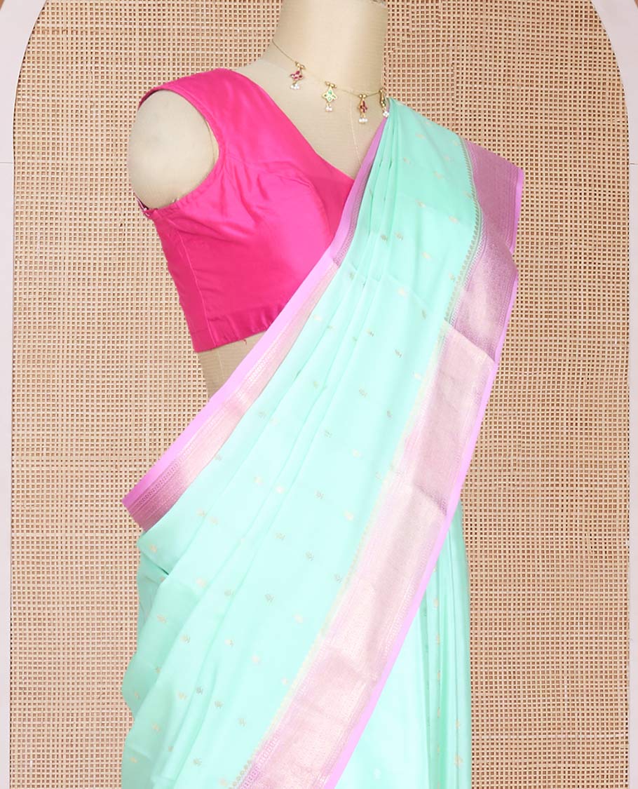 Green zari buttas Mysore silk saree, contrast traditional zari design border & butta enclosed jaal design pallu - Image 3