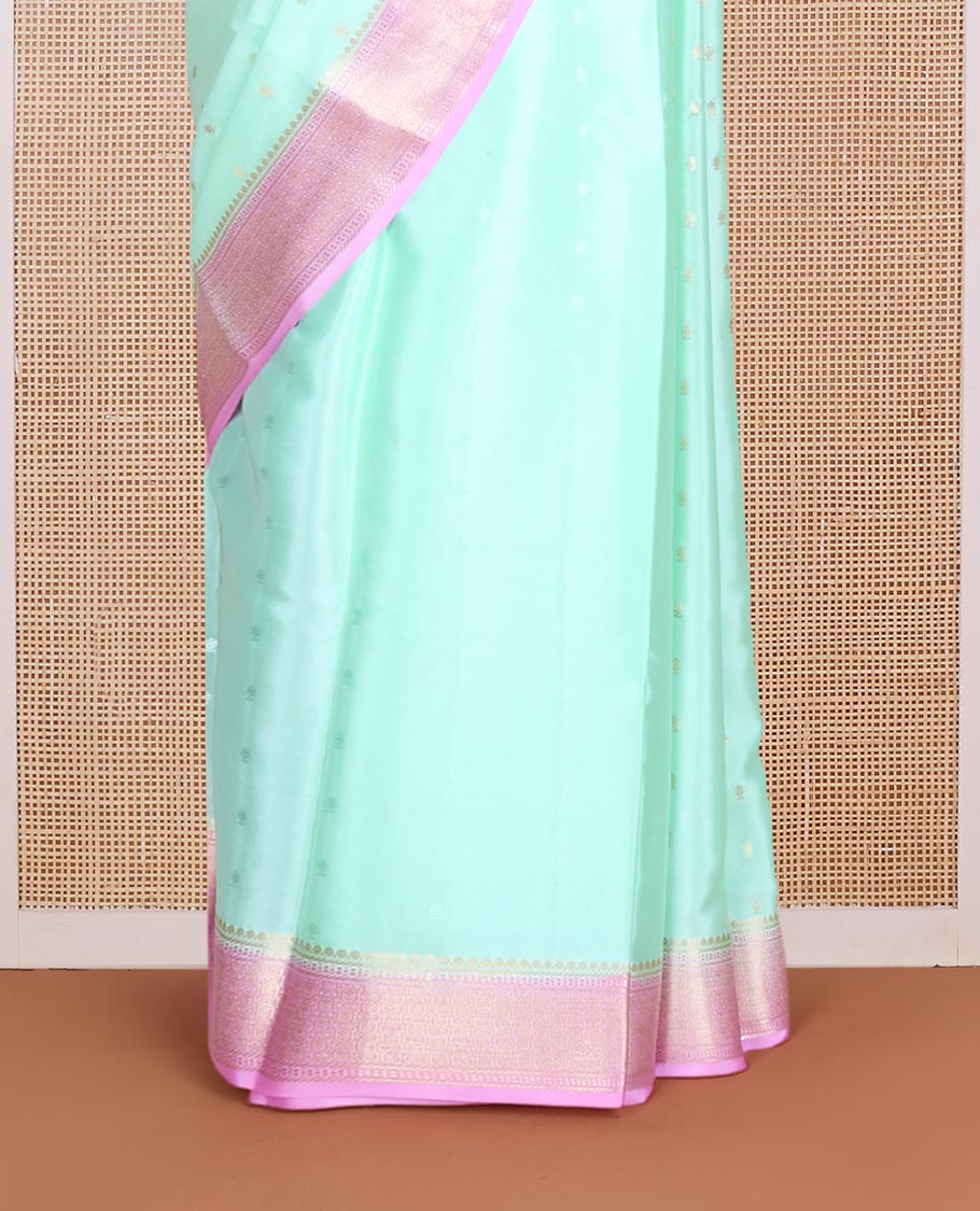 Green zari buttas Mysore silk saree, contrast traditional zari design border & butta enclosed jaal design pallu - Image 4