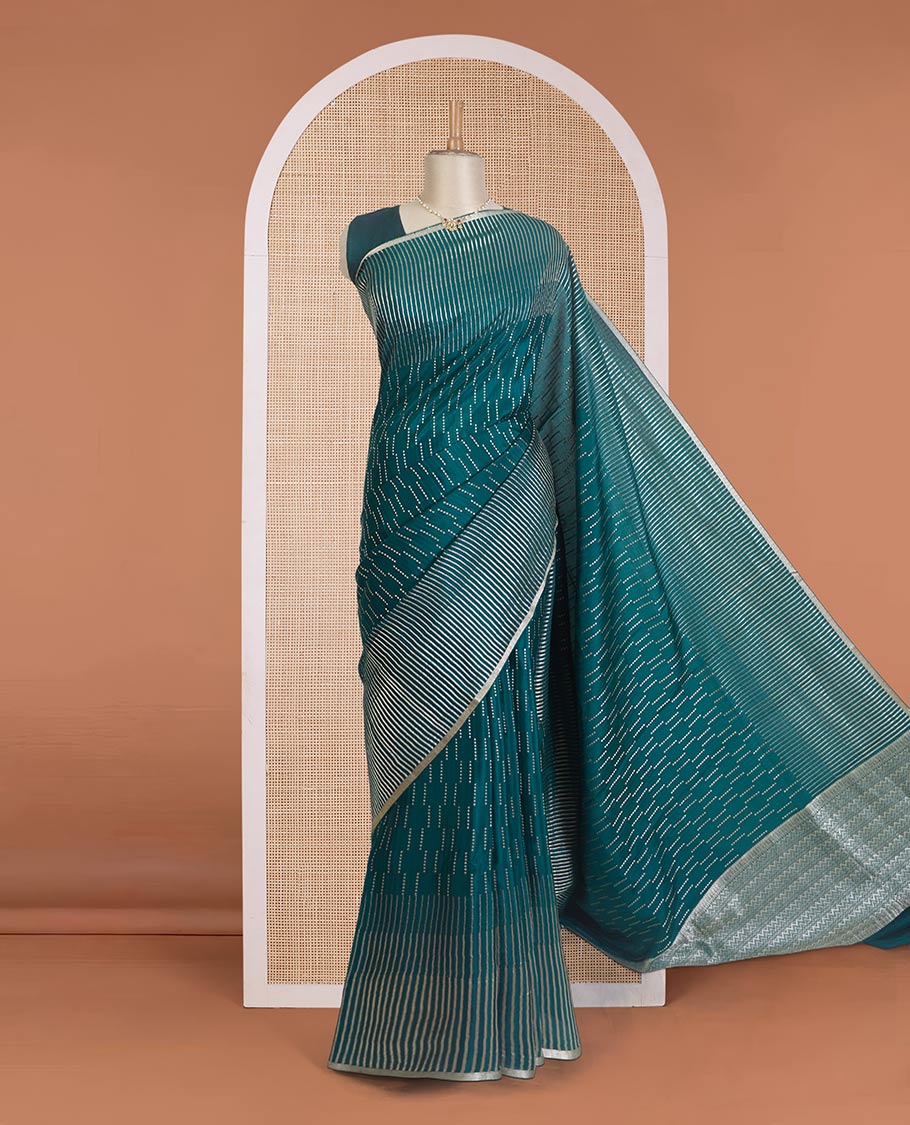Green zari buttas Mysore silk saree, temple seppu rekku zari border, and chevron design pallu - Image 2