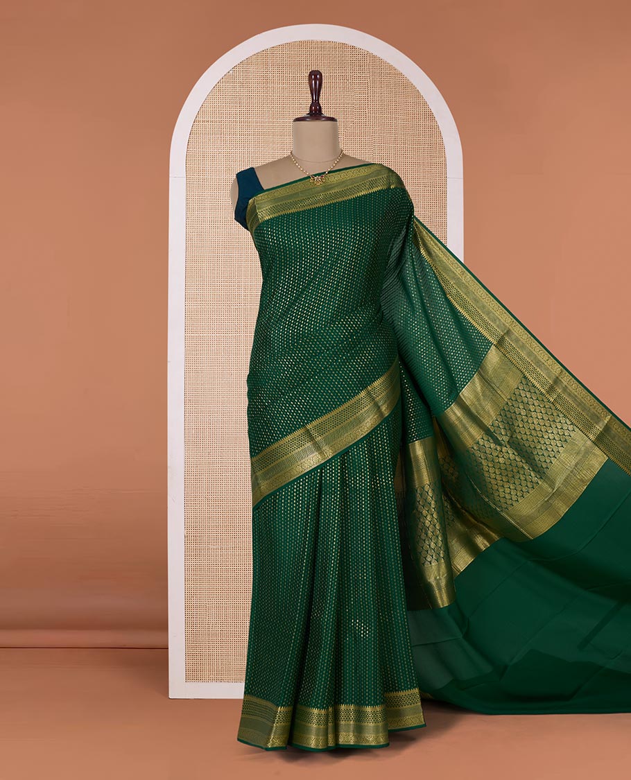Green zari buttas Mysore silk saree, traditional zari border, and pallu of jaal design - Image 2