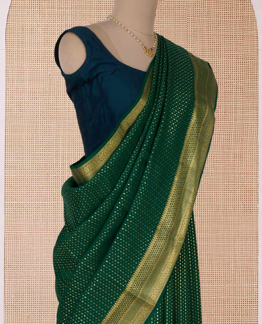 Green zari buttas Mysore silk saree, traditional zari border, and pallu of jaal design - Image 3