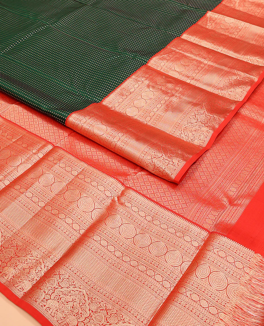 Green zari buttas Vasundhara silk saree, contrast border of rekku, kathir, diamond, laddu kamalam, neli, chakram, kuyil kann, mayil, and yaanai designs, and jaal pallu - Image 2