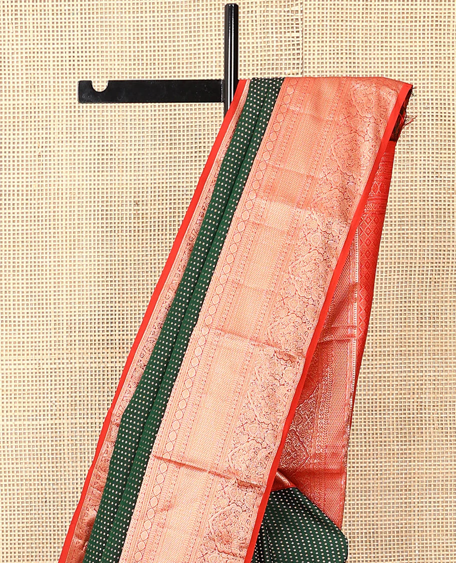 Green zari buttas Vasundhara silk saree, contrast border of rekku, kathir, diamond, laddu kamalam, neli, chakram, kuyil kann, mayil, and yaanai designs, and jaal pallu - Image 3