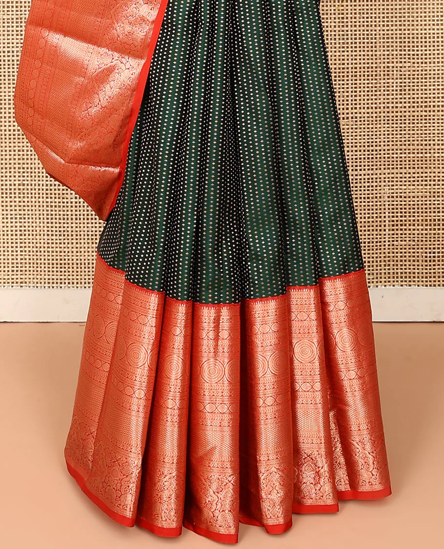 Green zari buttas Vasundhara silk saree, contrast border of rekku, kathir, diamond, laddu kamalam, neli, chakram, kuyil kann, mayil, and yaanai designs, and jaal pallu - Image 4
