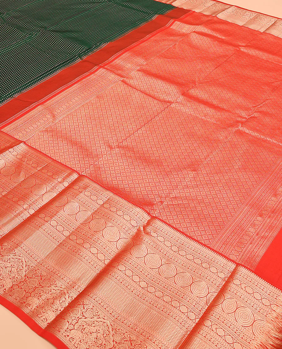 Green zari buttas Vasundhara silk saree, contrast border of rekku, kathir, diamond, laddu kamalam, neli, chakram, kuyil kann, mayil, and yaanai designs, and jaal pallu - Image 5
