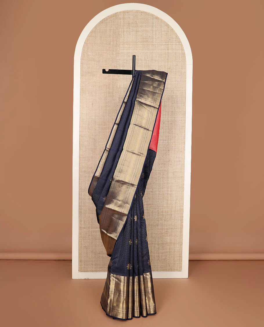 Blue zari design Vasundhara silk saree, zari border of rekku, mayil, vanki, rettai neli, and zari designs, and contrast jaal pallu