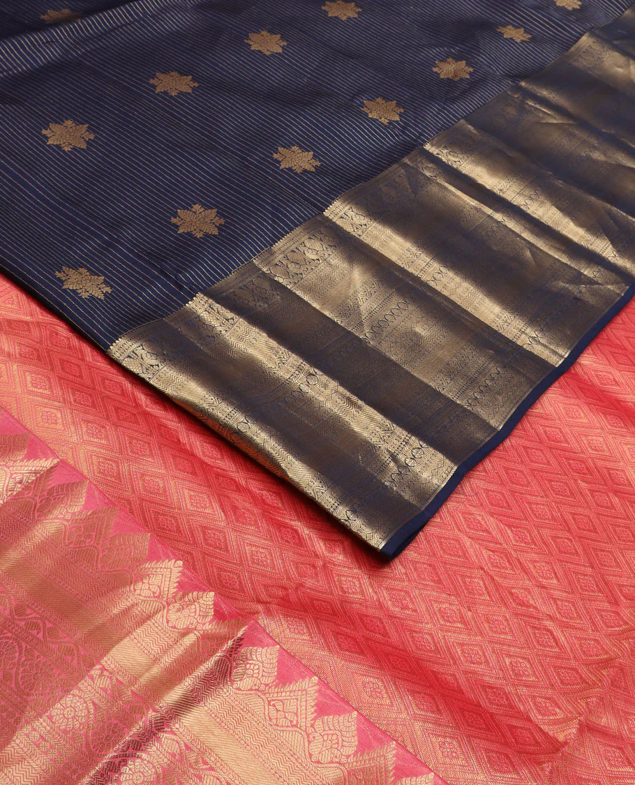 Blue zari design Vasundhara silk saree, zari border of rekku, mayil, vanki, rettai neli, and zari designs, and contrast jaal pallu - Image 2