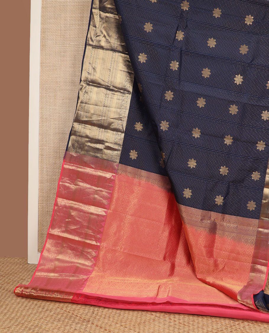 Blue zari design Vasundhara silk saree, zari border of rekku, mayil, vanki, rettai neli, and zari designs, and contrast jaal pallu - Image 3