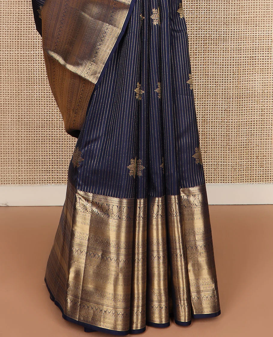 Blue zari design Vasundhara silk saree, zari border of rekku, mayil, vanki, rettai neli, and zari designs, and contrast jaal pallu - Image 5