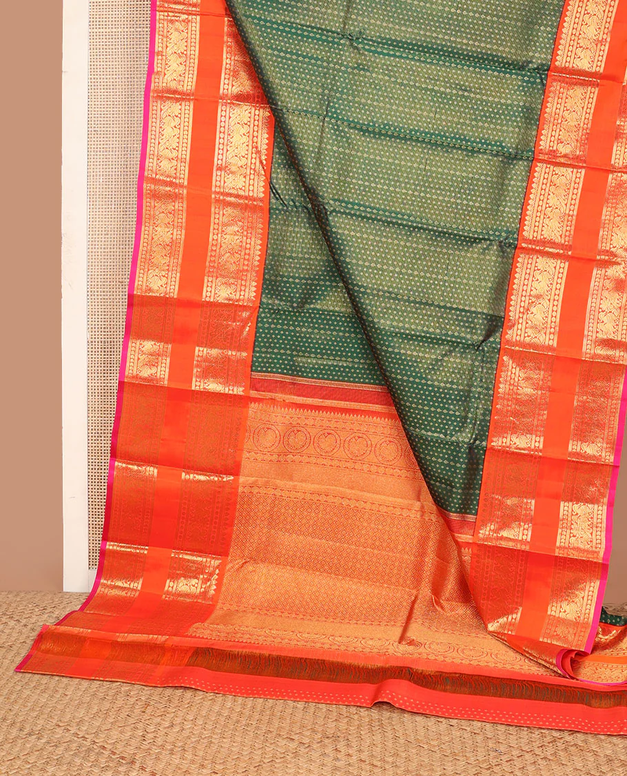 Green zari buttas Samudrika silk saree, contrast korvai rettai pettu border of thilakam mokku, muthu, poun, manga & mayil designs & jaal pallu - Image 3