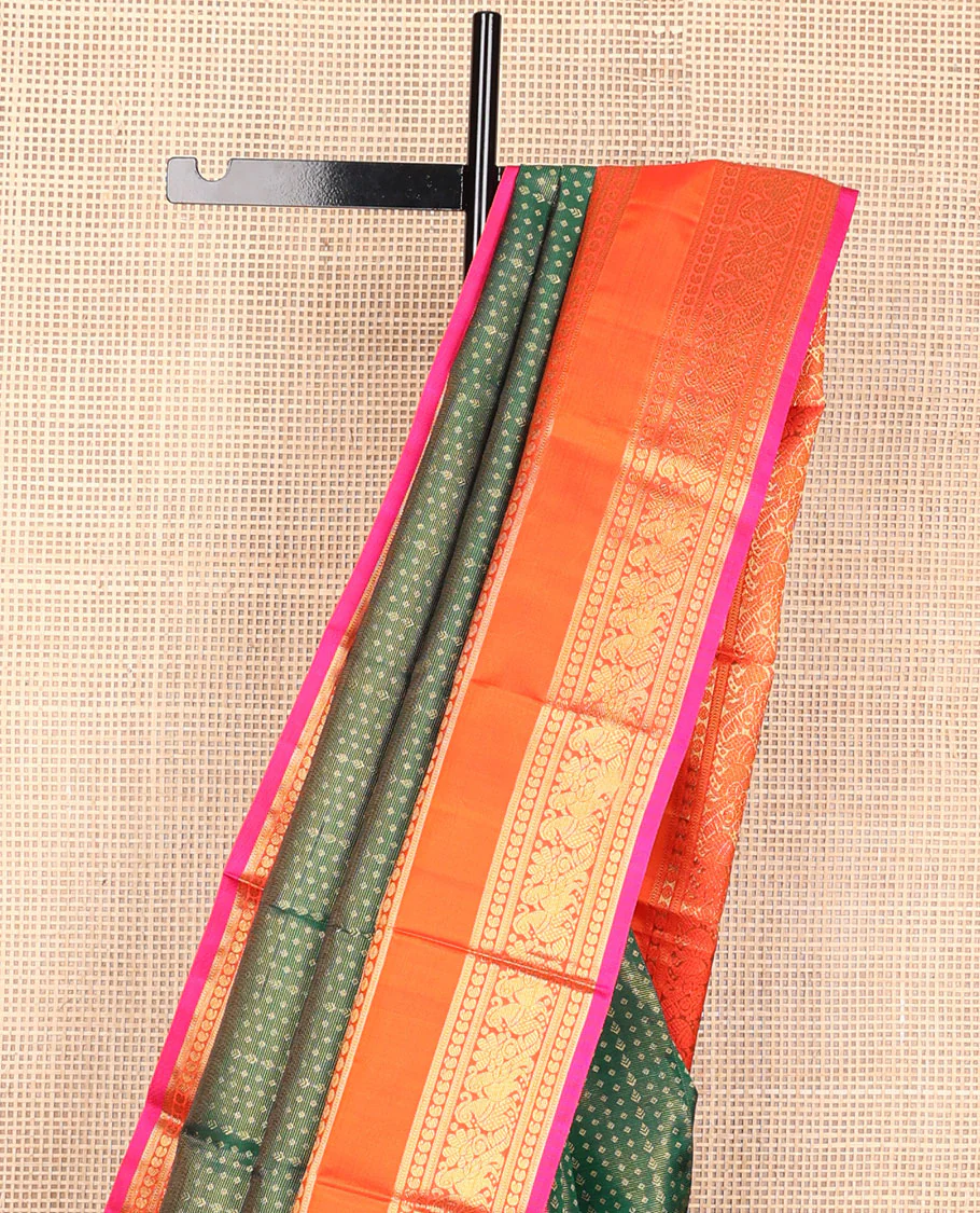 Green zari buttas Samudrika silk saree, contrast korvai rettai pettu border of thilakam mokku, muthu, poun, manga & mayil designs & jaal pallu - Image 4