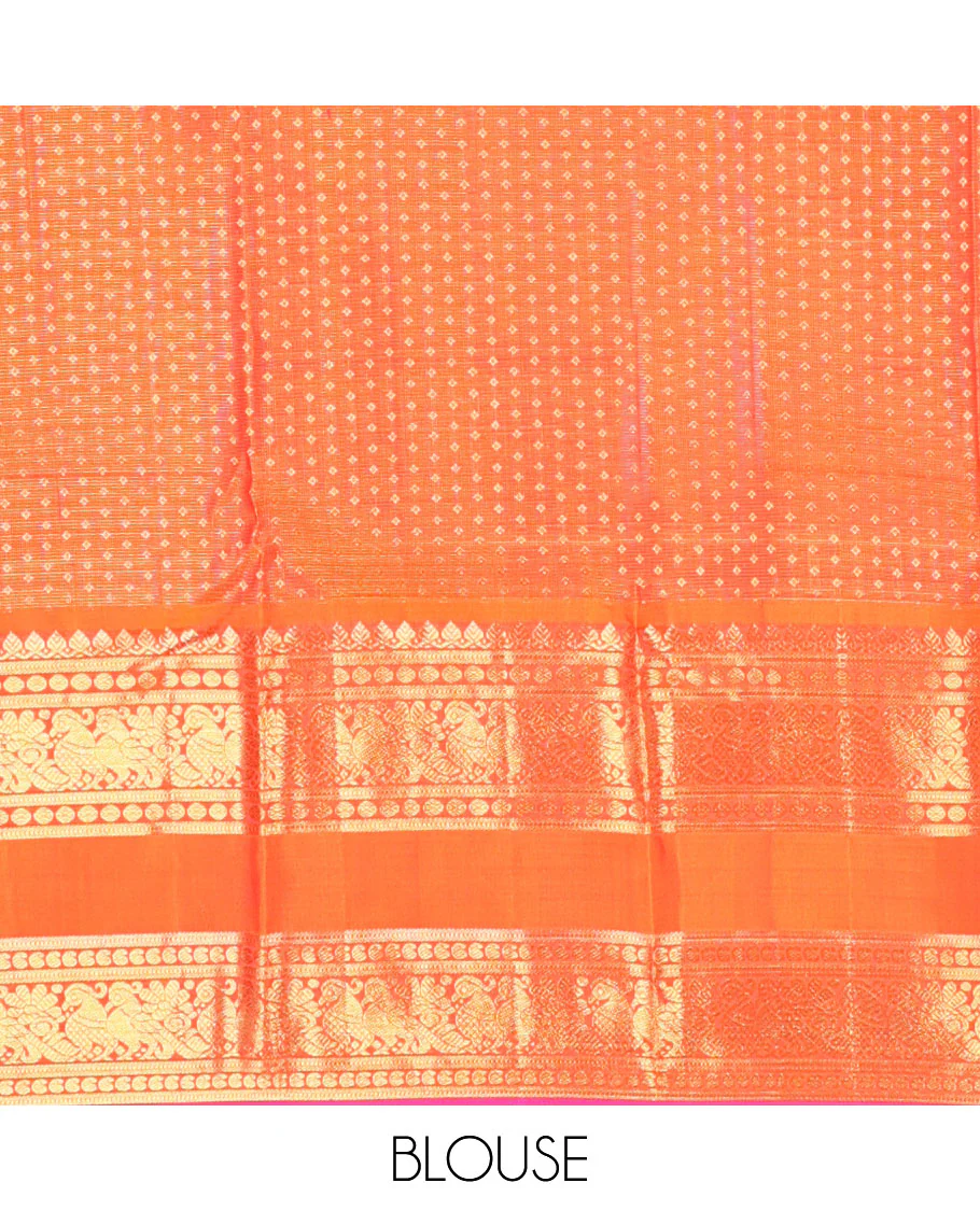 Green zari buttas Samudrika silk saree, contrast korvai rettai pettu border of thilakam mokku, muthu, poun, manga & mayil designs & jaal pallu - Image 6
