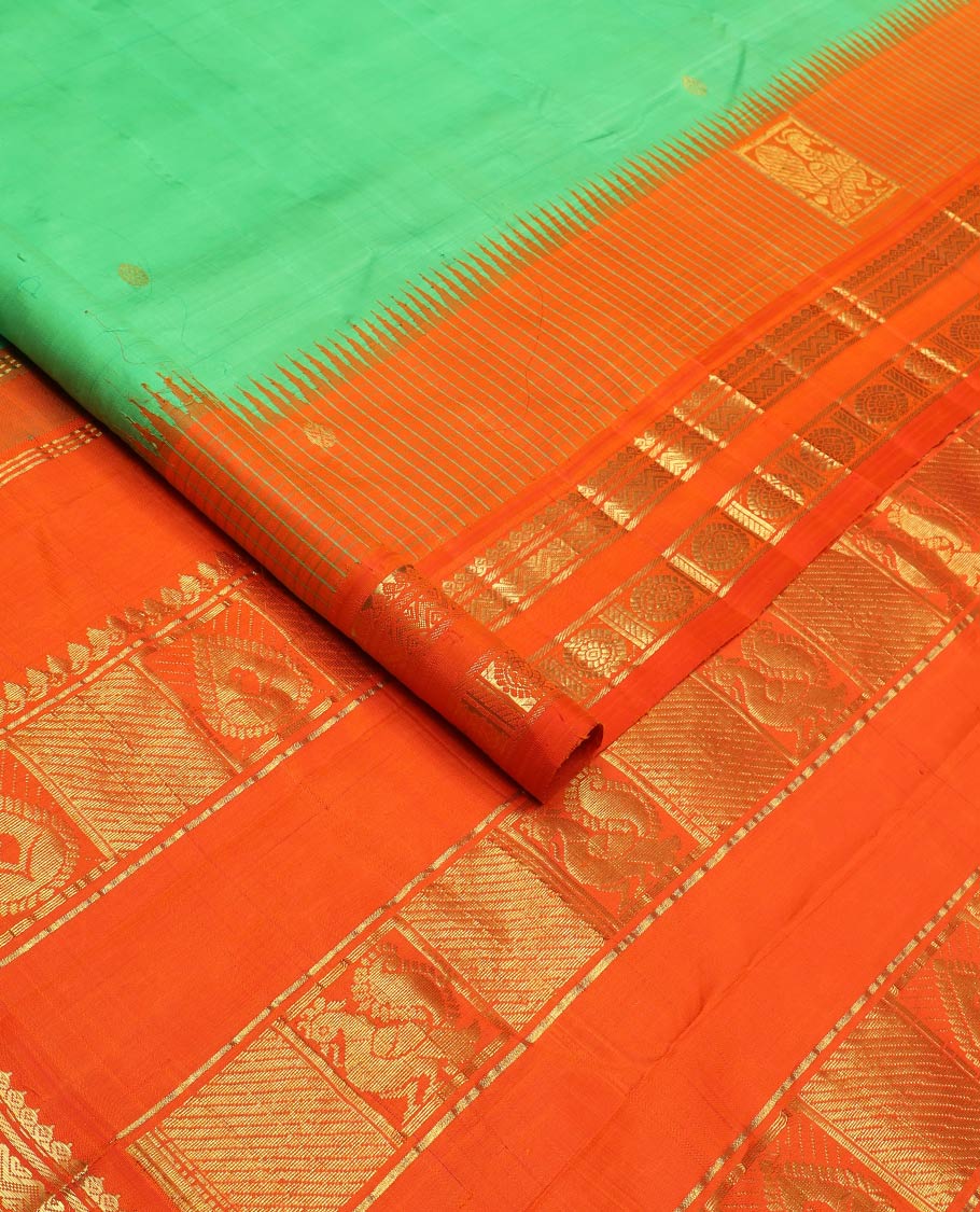 Green zari buttas silk saree, contrast one-sided temple rettai pettu border of salangai,banaras,rettai neli & chakram & intricate pallu - Image 2