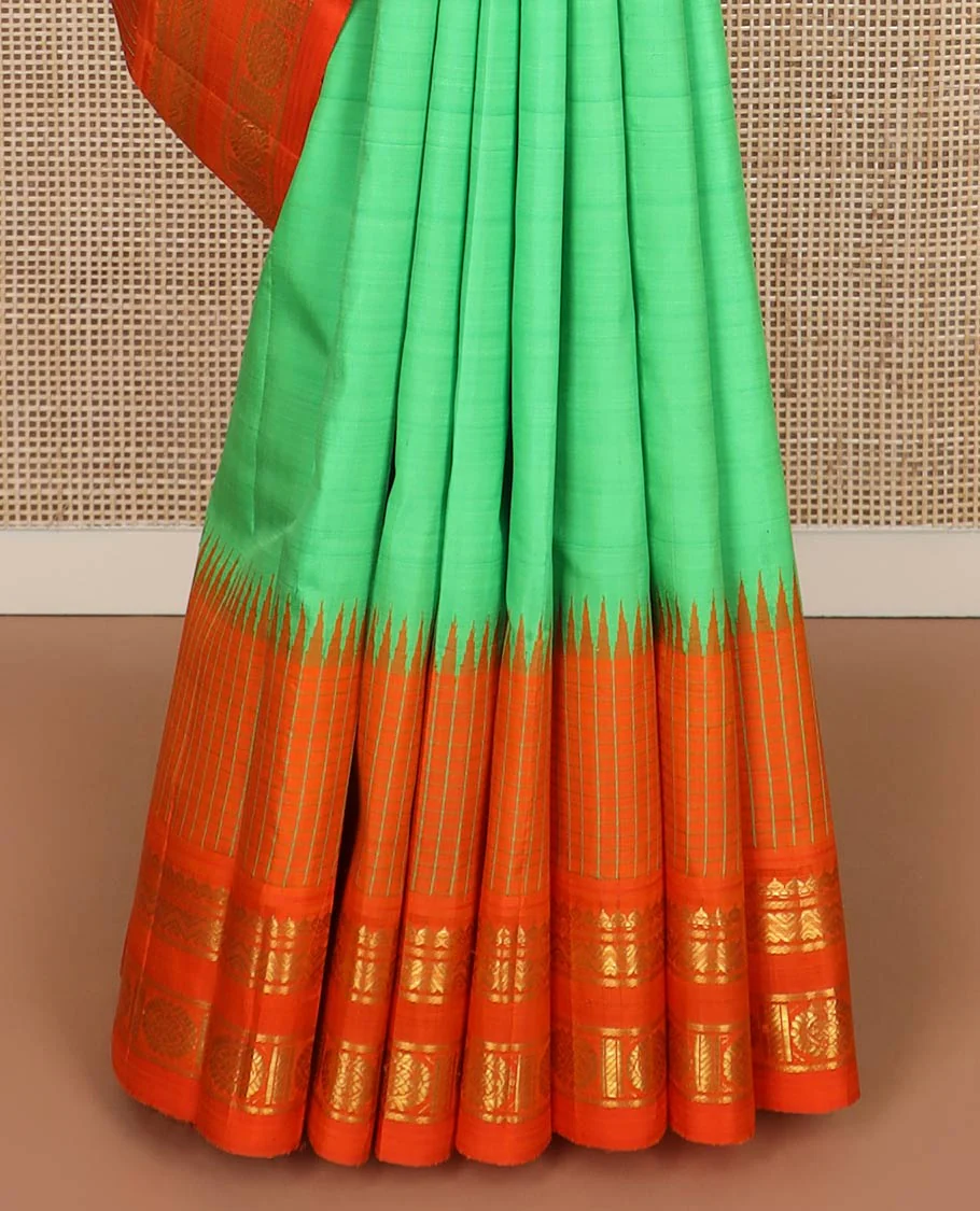 Green zari buttas silk saree, contrast one-sided temple rettai pettu border of salangai,banaras,rettai neli & chakram & intricate pallu - Image 5