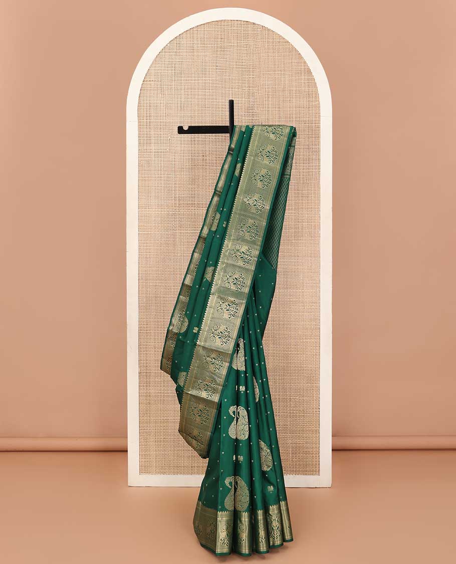 Green zari buttas Vasundhara silk saree, zari border of thilakam mokku, muthu, kathir, ara maadam, and yaanai, and jaal pallu