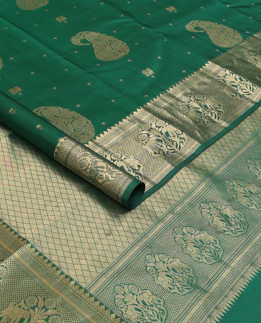 Green zari buttas Vasundhara silk saree, zari border of thilakam mokku, muthu, kathir, ara maadam, and yaanai, and jaal pallu - Image 2