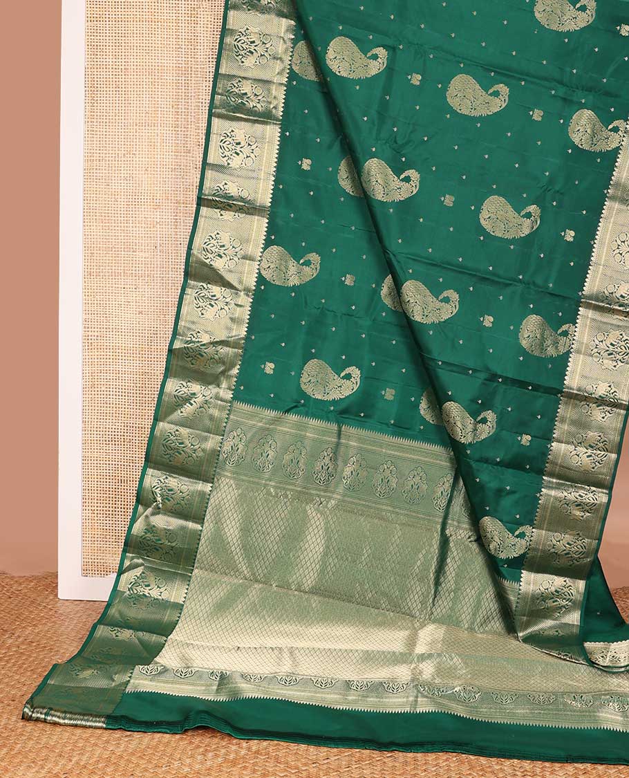 Green zari buttas Vasundhara silk saree, zari border of thilakam mokku, muthu, kathir, ara maadam, and yaanai, and jaal pallu - Image 3