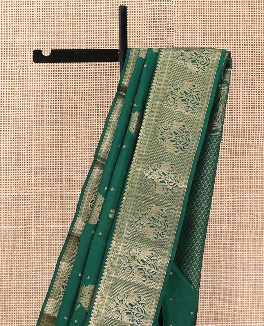 Green zari buttas Vasundhara silk saree, zari border of thilakam mokku, muthu, kathir, ara maadam, and yaanai, and jaal pallu - Image 4