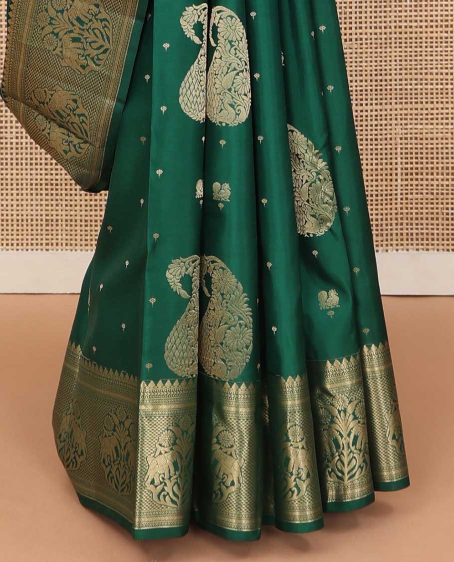 Green zari buttas Vasundhara silk saree, zari border of thilakam mokku, muthu, kathir, ara maadam, and yaanai, and jaal pallu - Image 5