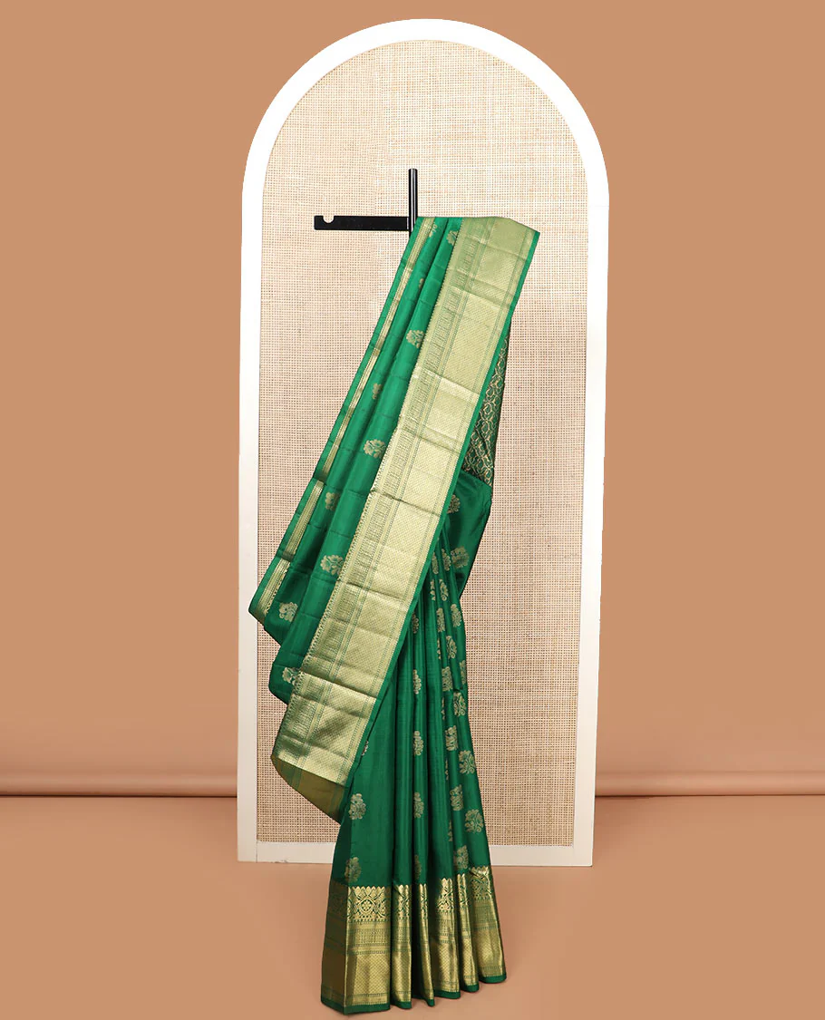 Green zari buttas Vasundhara silk saree, zari traditional design woven border, and pallu of manga butta enclosed checks
