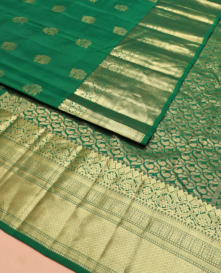 Green zari buttas Vasundhara silk saree, zari traditional design woven border, and pallu of manga butta enclosed checks - Image 2