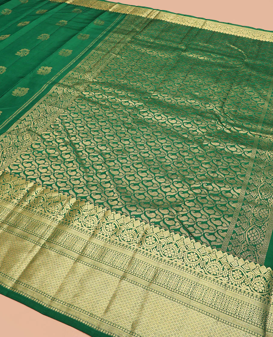 Green zari buttas Vasundhara silk saree, zari traditional design woven border, and pallu of manga butta enclosed checks - Image 5