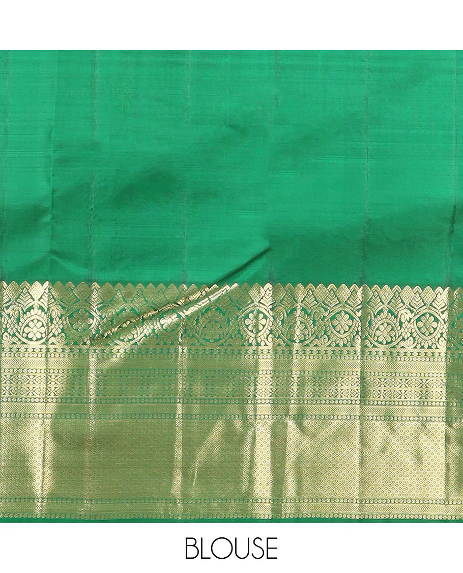 Green zari buttas Vasundhara silk saree, zari traditional design woven border, and pallu of manga butta enclosed checks - Image 6