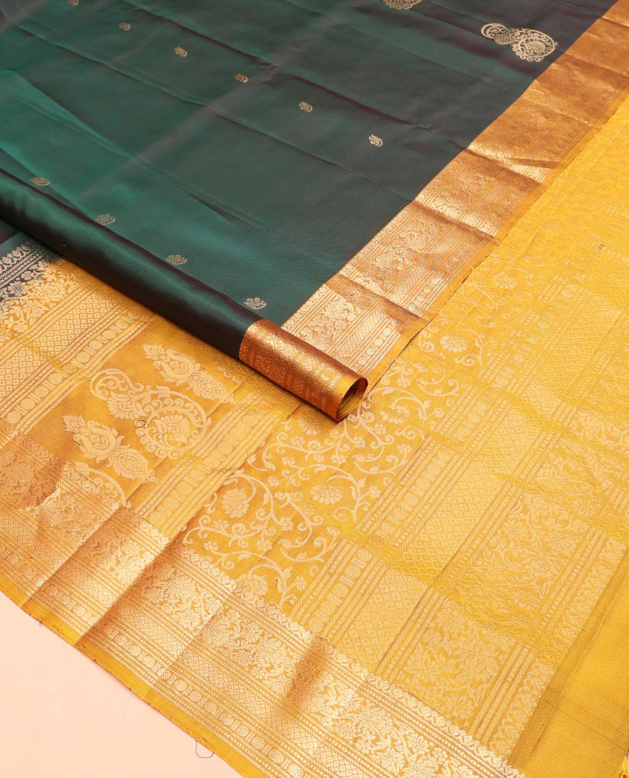 Green zari buttas Mayuri soft silk saree, contrast border of salngai, muthu, banaras, kodi visiry, rudraksham, and mayil kann, and floral vine pallu - Image 2