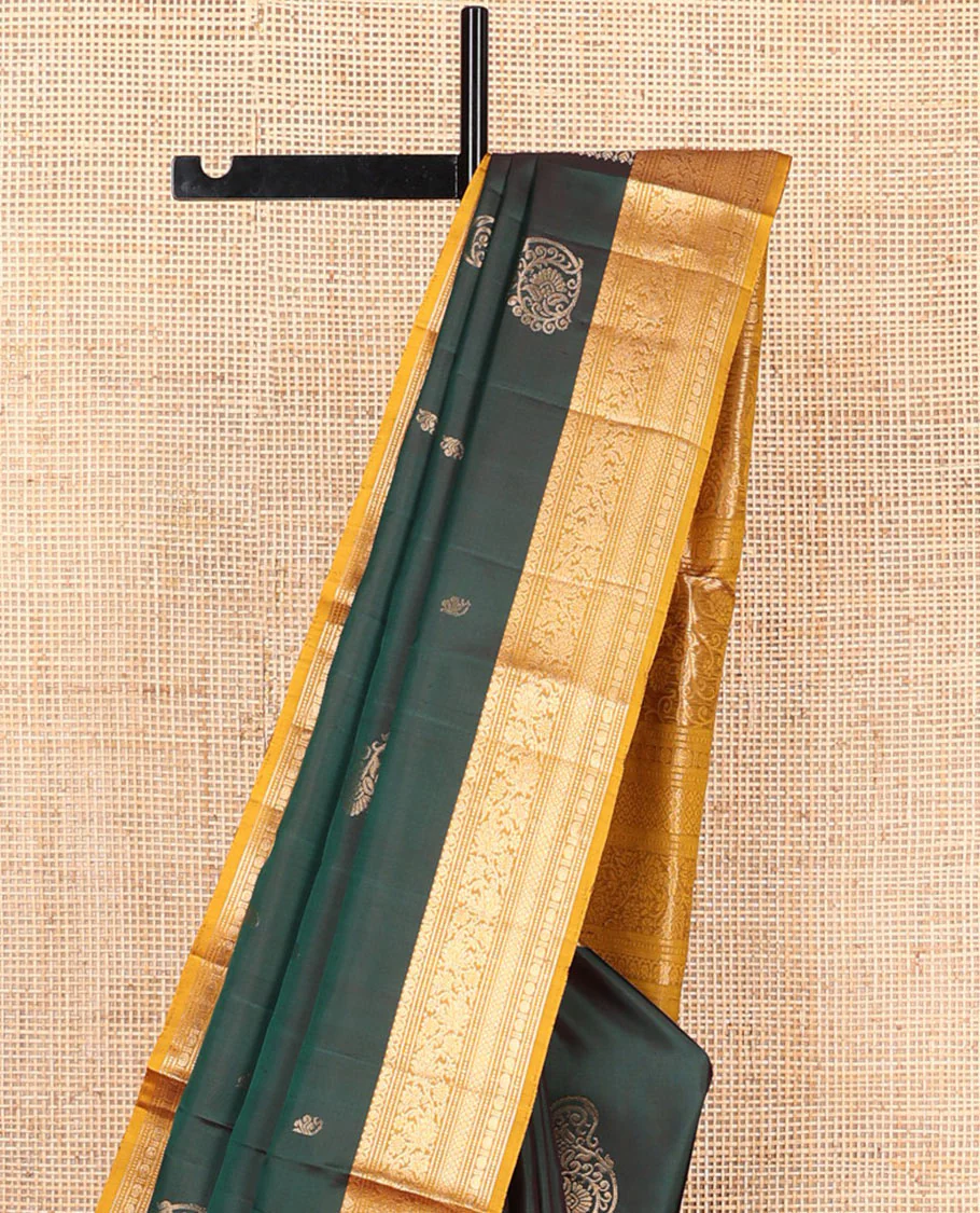 Green zari buttas Mayuri soft silk saree, contrast border of salngai, muthu, banaras, kodi visiry, rudraksham, and mayil kann, and floral vine pallu - Image 3