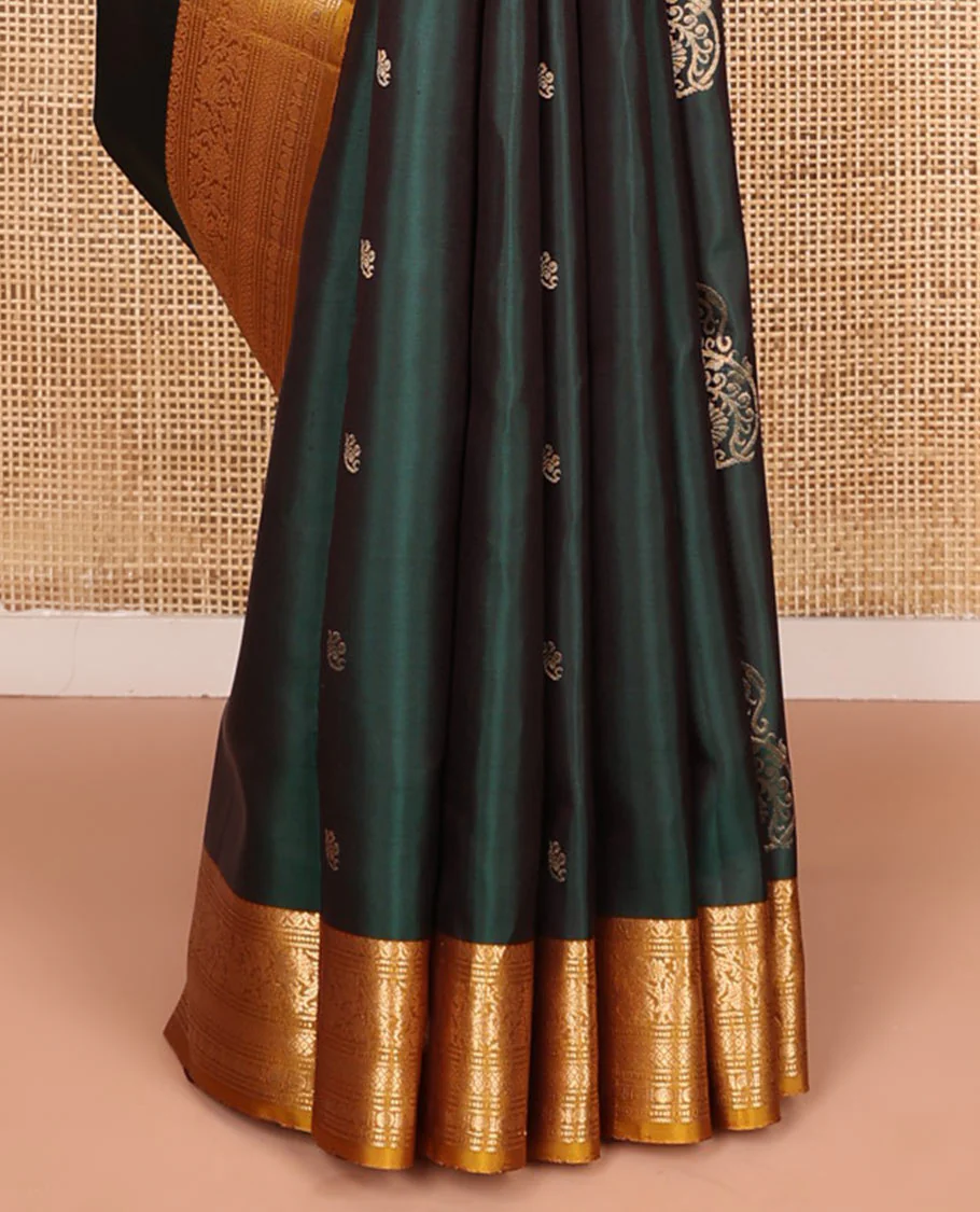 Green zari buttas Mayuri soft silk saree, contrast border of salngai, muthu, banaras, kodi visiry, rudraksham, and mayil kann, and floral vine pallu - Image 4