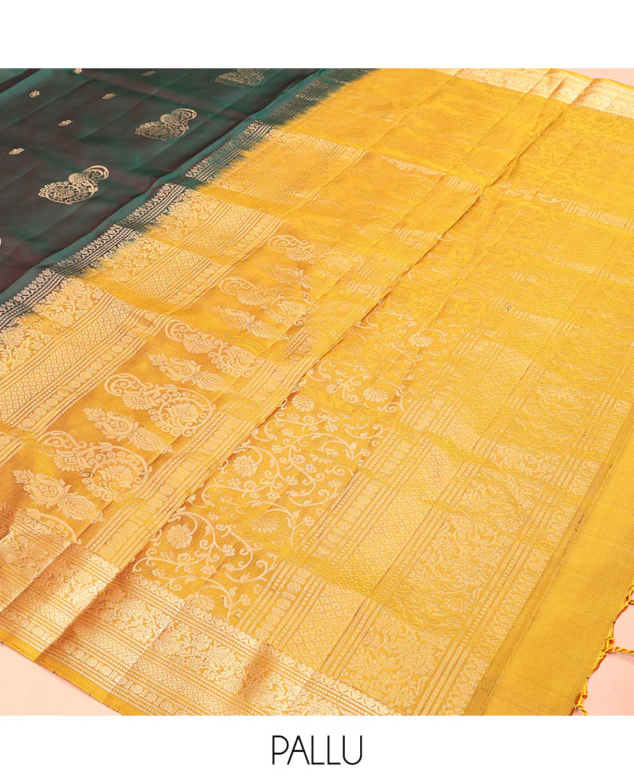 Green zari buttas Mayuri soft silk saree, contrast border of salngai, muthu, banaras, kodi visiry, rudraksham, and mayil kann, and floral vine pallu - Image 5