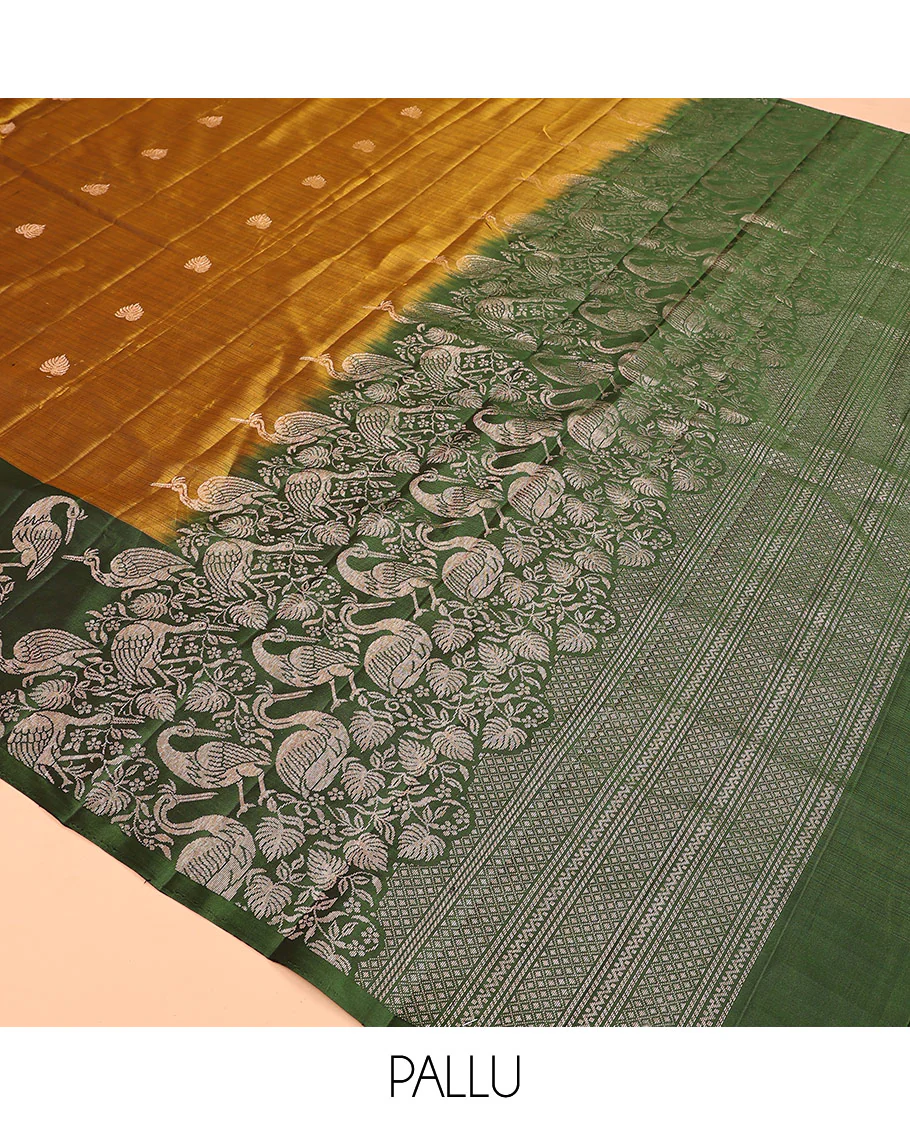 Green zari buttas Mayuri soft silk saree, contrast floral and bird motifs border, and pallu of jaal, floral, and bird designs - Image 5