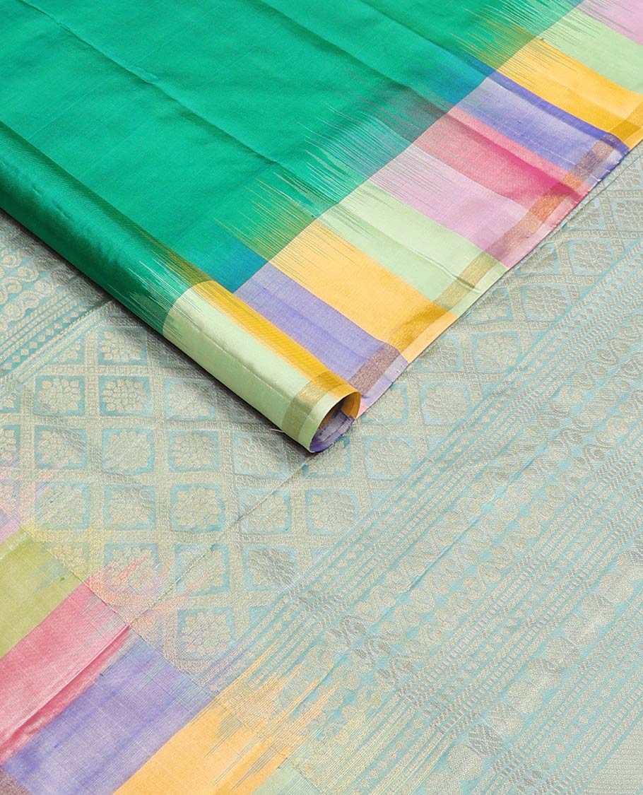 Green zari buttas Mayuri soft silk saree, contrast multi-colored striped border, and jaal pallu - Image 2