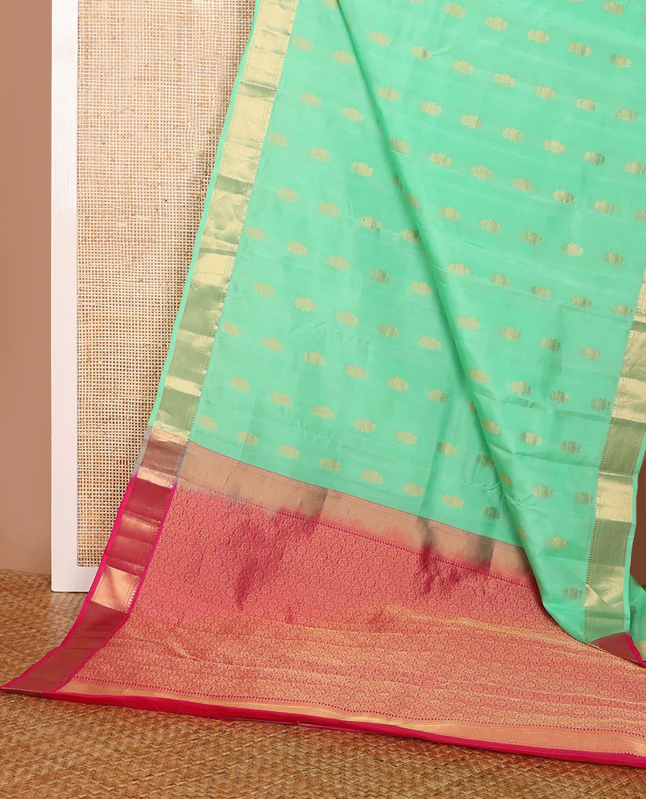 Green zari buttas Vasundhara Lite Silk Mix Saree, zari border of thilakam mokku, neli & zari stripes & contrast jaal pallu - Image 3