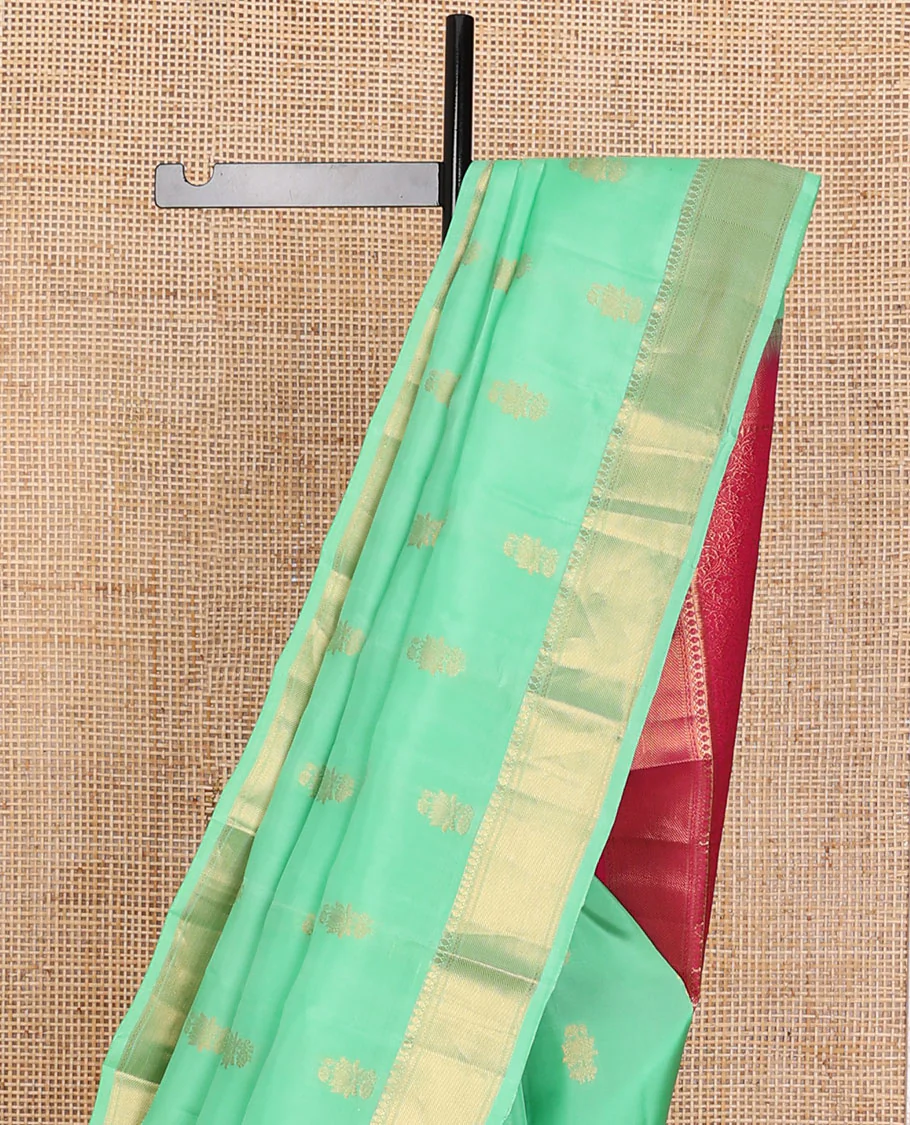 Green zari buttas Vasundhara Lite Silk Mix Saree, zari border of thilakam mokku, neli & zari stripes & contrast jaal pallu - Image 4