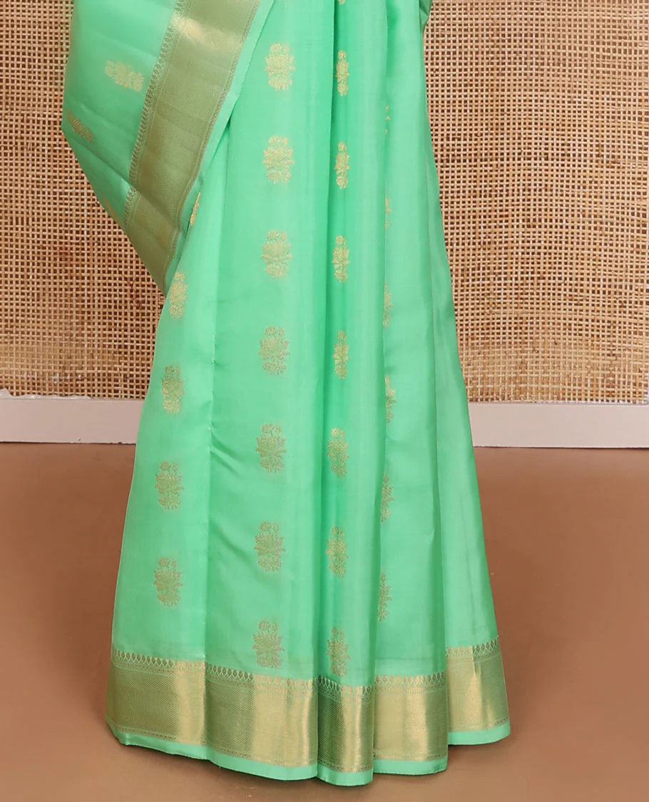 Green zari buttas Vasundhara Lite Silk Mix Saree, zari border of thilakam mokku, neli & zari stripes & contrast jaal pallu - Image 5