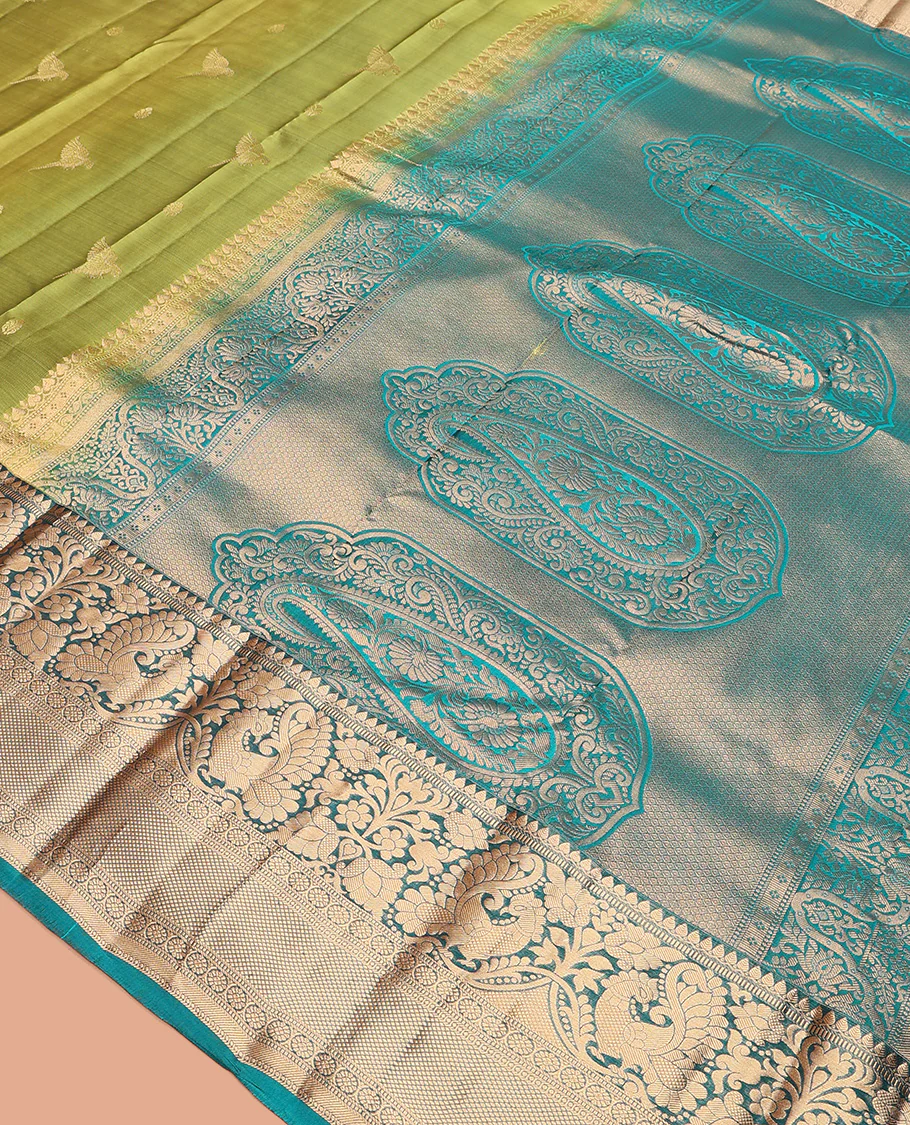 Green zari buttas Vasundhara Lite Silk Mix Saree, contrast border of thilakam mokku, muthu, mayil, laddu kamalam, and kuyil kann designs, and pallu of paisleys - Image 5