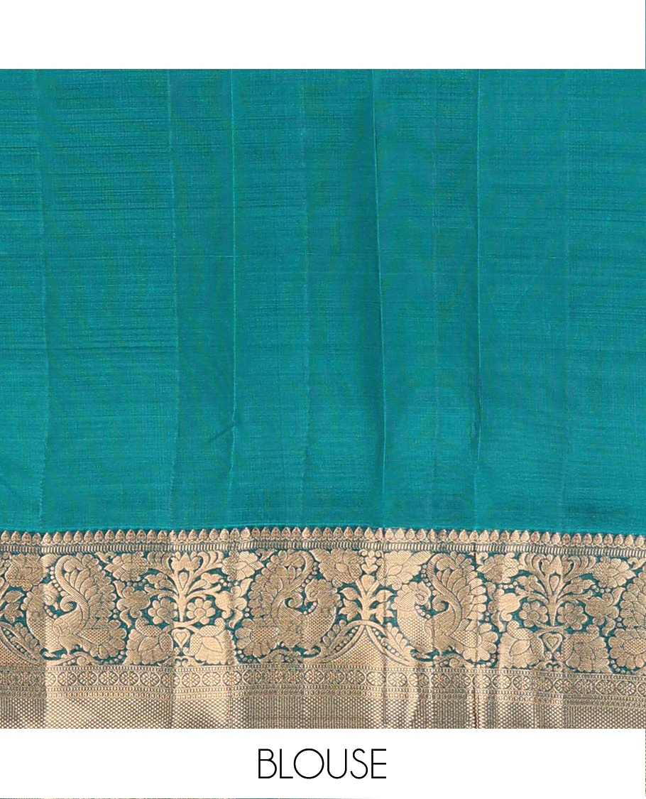 Green zari buttas Vasundhara Lite Silk Mix Saree, contrast border of thilakam mokku, muthu, mayil, laddu kamalam, and kuyil kann designs, and pallu of paisleys - Image 6