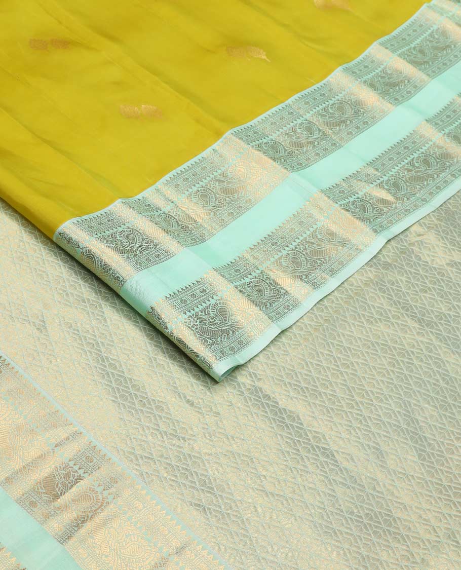 Green zari buttas Vasundhara Lite Silk Mix Saree, contrast rettai pettu border of rekku, rudraksham, and mayil designs and zari rich jaal pallu - Image 2