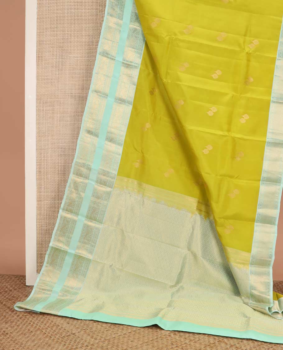 Green zari buttas Vasundhara Lite Silk Mix Saree, contrast rettai pettu border of rekku, rudraksham, and mayil designs and zari rich jaal pallu - Image 3