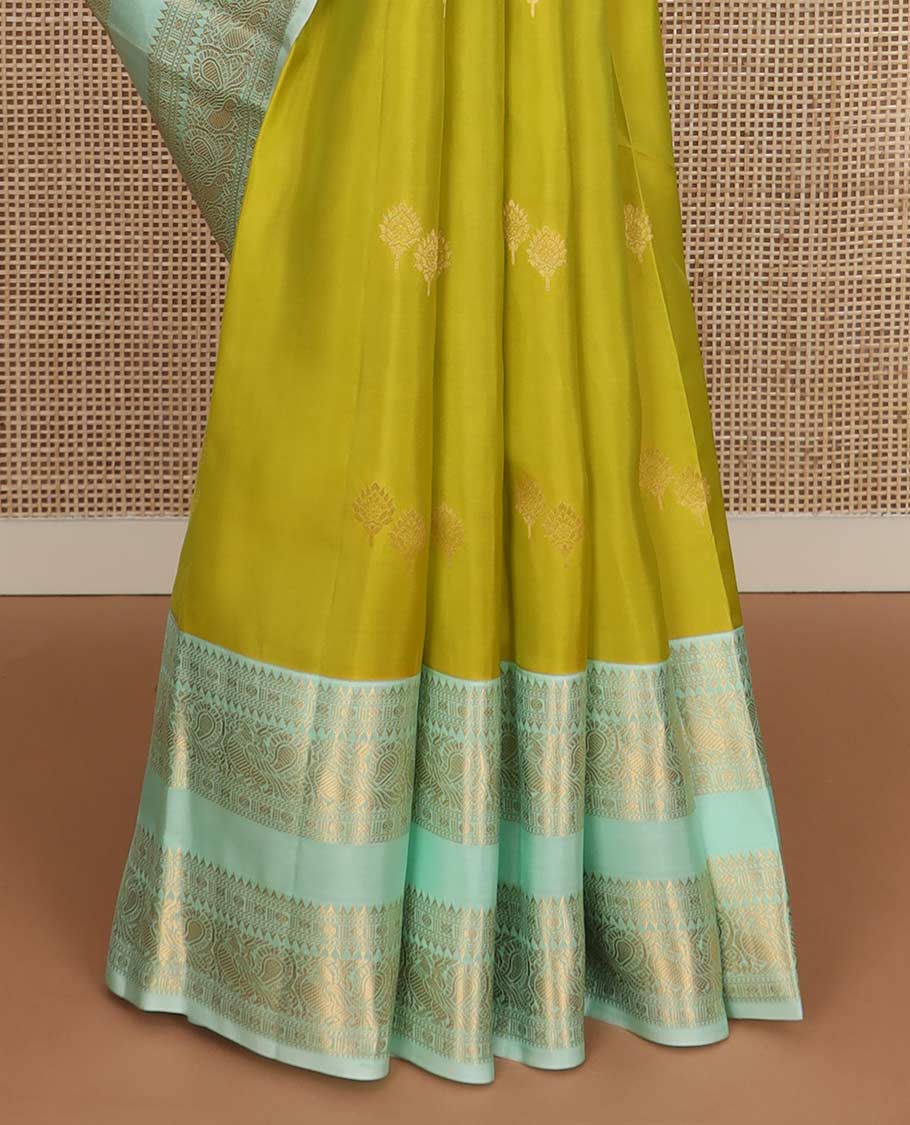 Green zari buttas Vasundhara Lite Silk Mix Saree, contrast rettai pettu border of rekku, rudraksham, and mayil designs and zari rich jaal pallu - Image 5