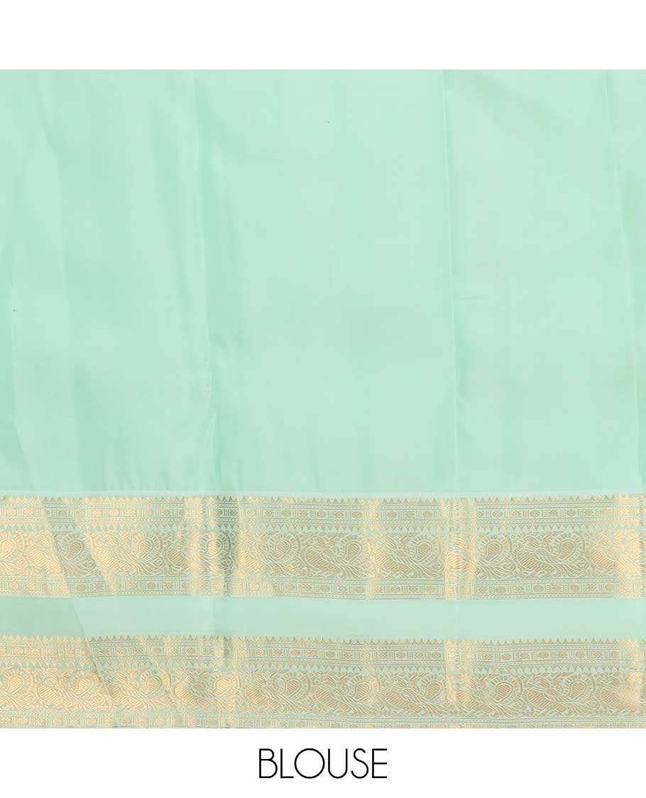 Green zari buttas Vasundhara Lite Silk Mix Saree, contrast rettai pettu border of rekku, rudraksham, and mayil designs and zari rich jaal pallu - Image 6