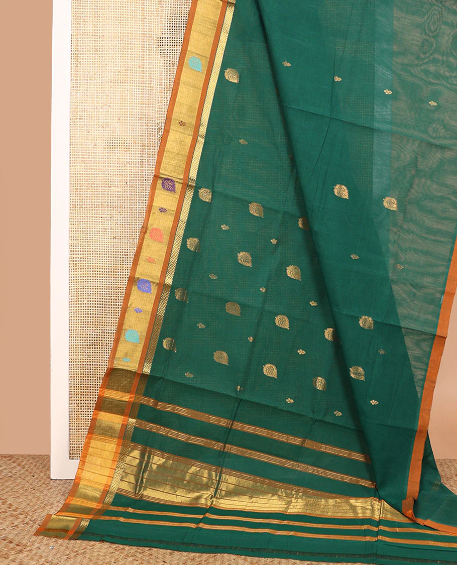 Green zari buttas Venkatagiri cotton saree, contrast thread and zari woven border, and zari striped pallu - Image 2