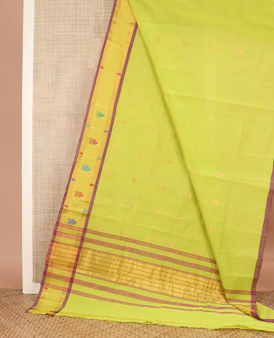 Green zari buttas Venkatagiri cotton saree, contrast zari and thread work border, and zari striped pallu - Image 2