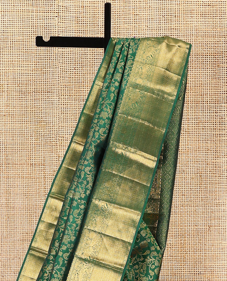 Green zari buttas woven kanchipuram silk saree, zari border of salngai, kamalam, yaali, yaanai, and mayil kann designs, and jaal pallu - Image 3